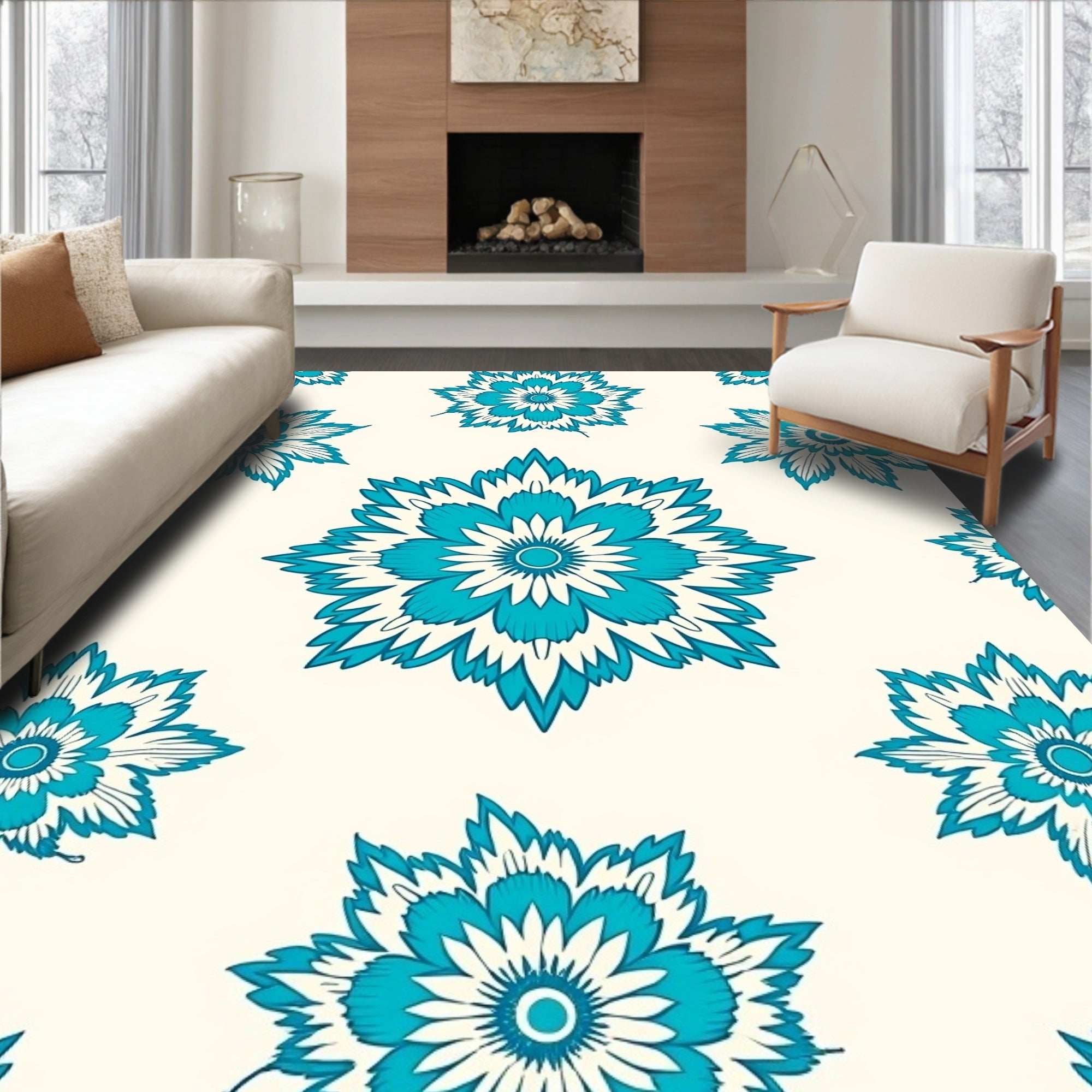 Turquoise Floral Medallion Pattern Rug