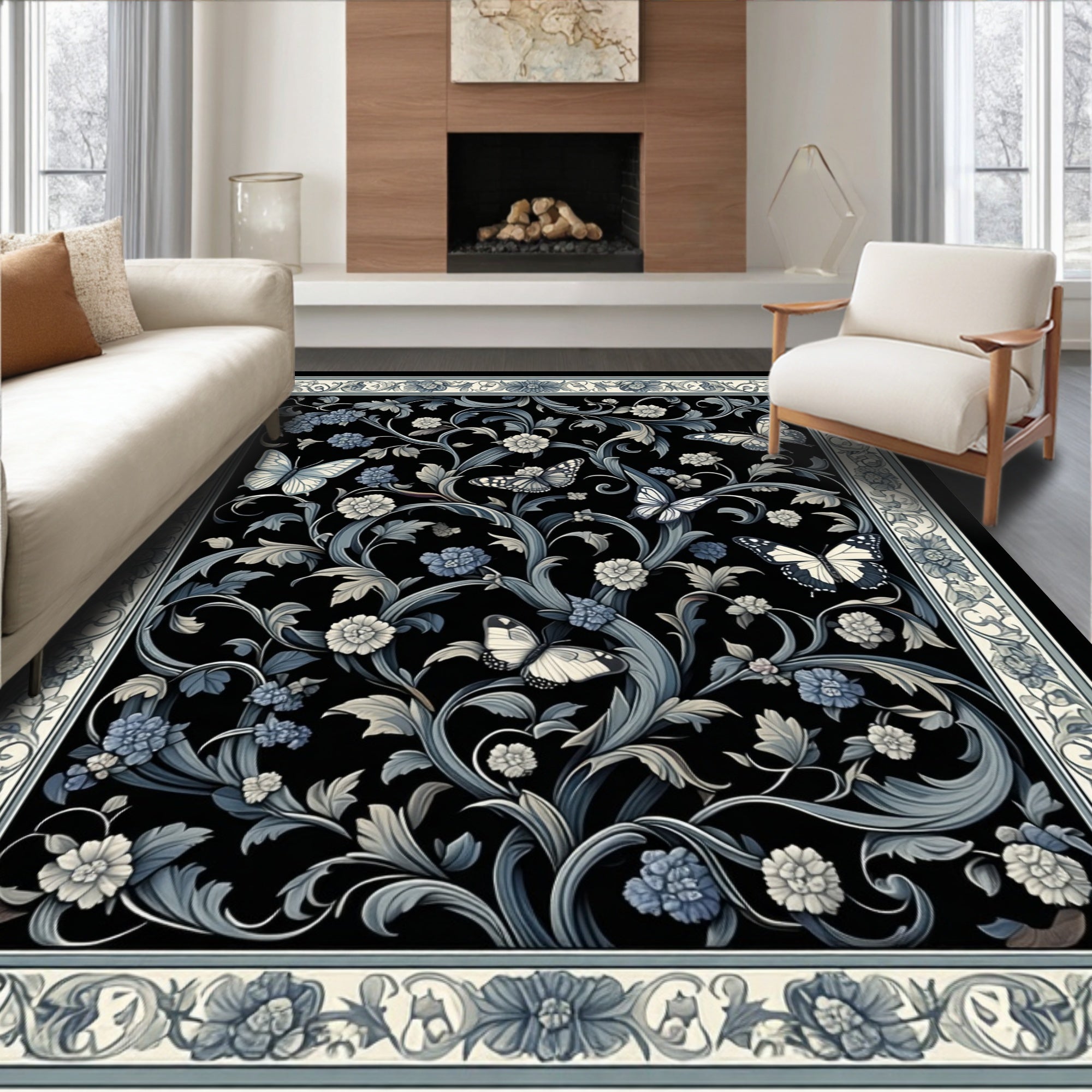 Vintage Floral Butterfly Garden Design Rug