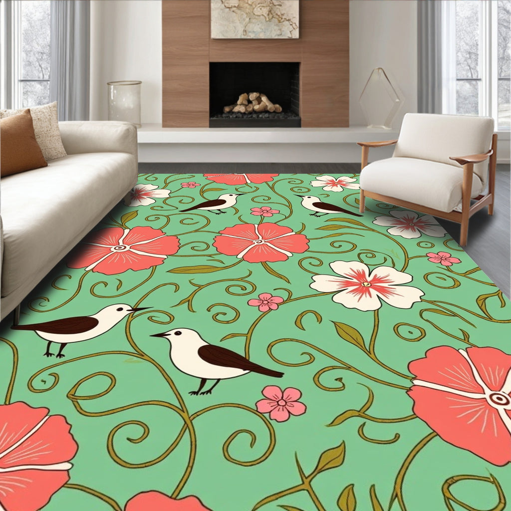 Whimsical Floral Birds Pattern Rug