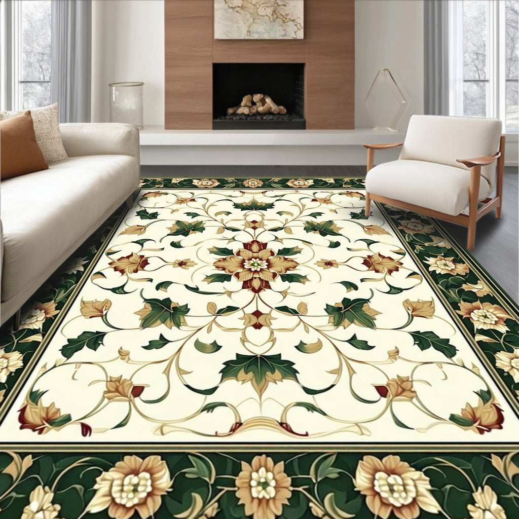 Classic Floral Vines Cream Border Rug
