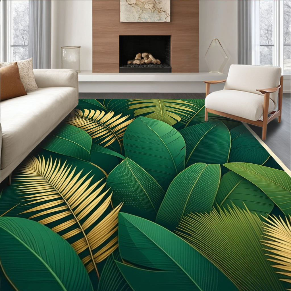Lush Green Gold Leaf Pattern Rug