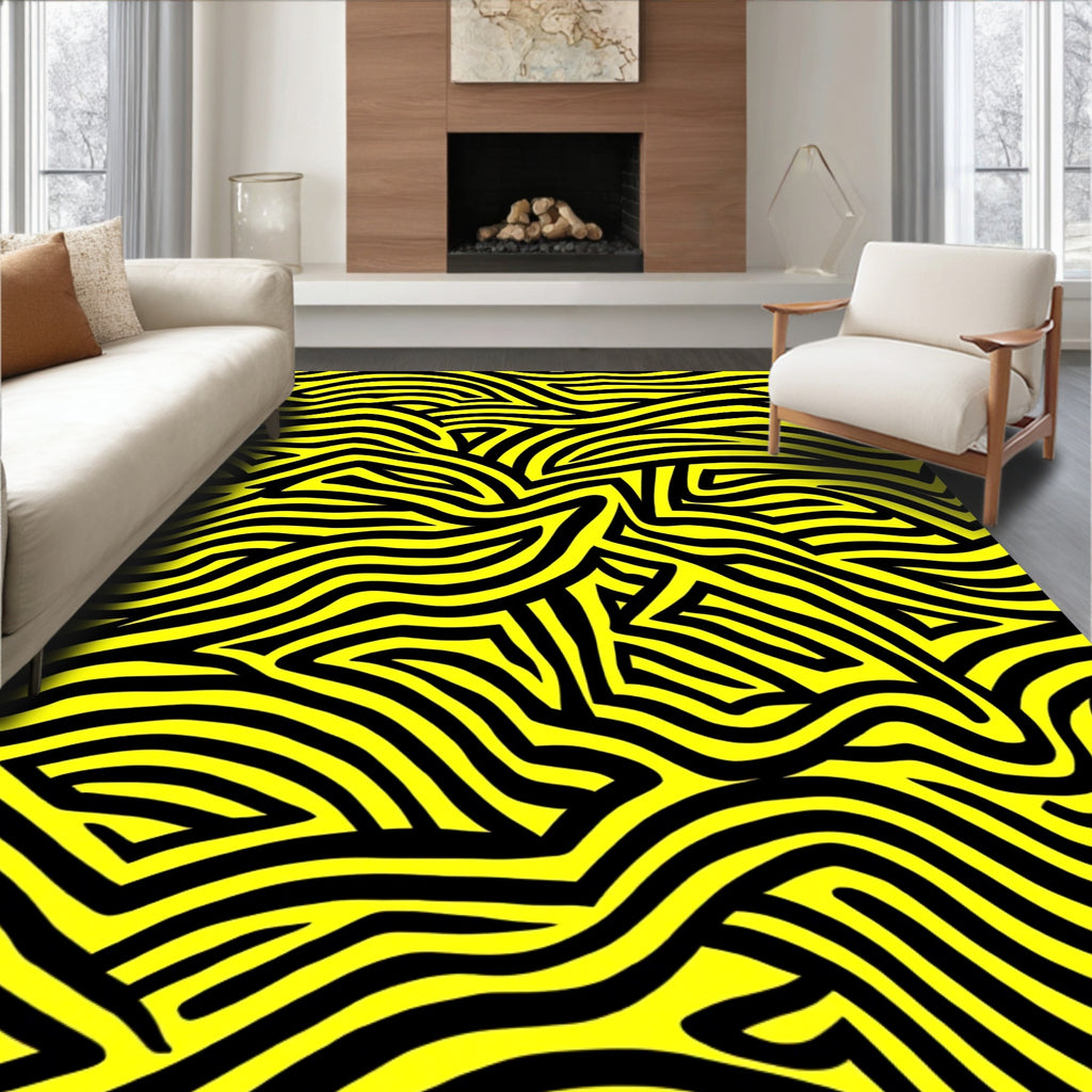 Bold Yellow Black Abstract Curve Rug