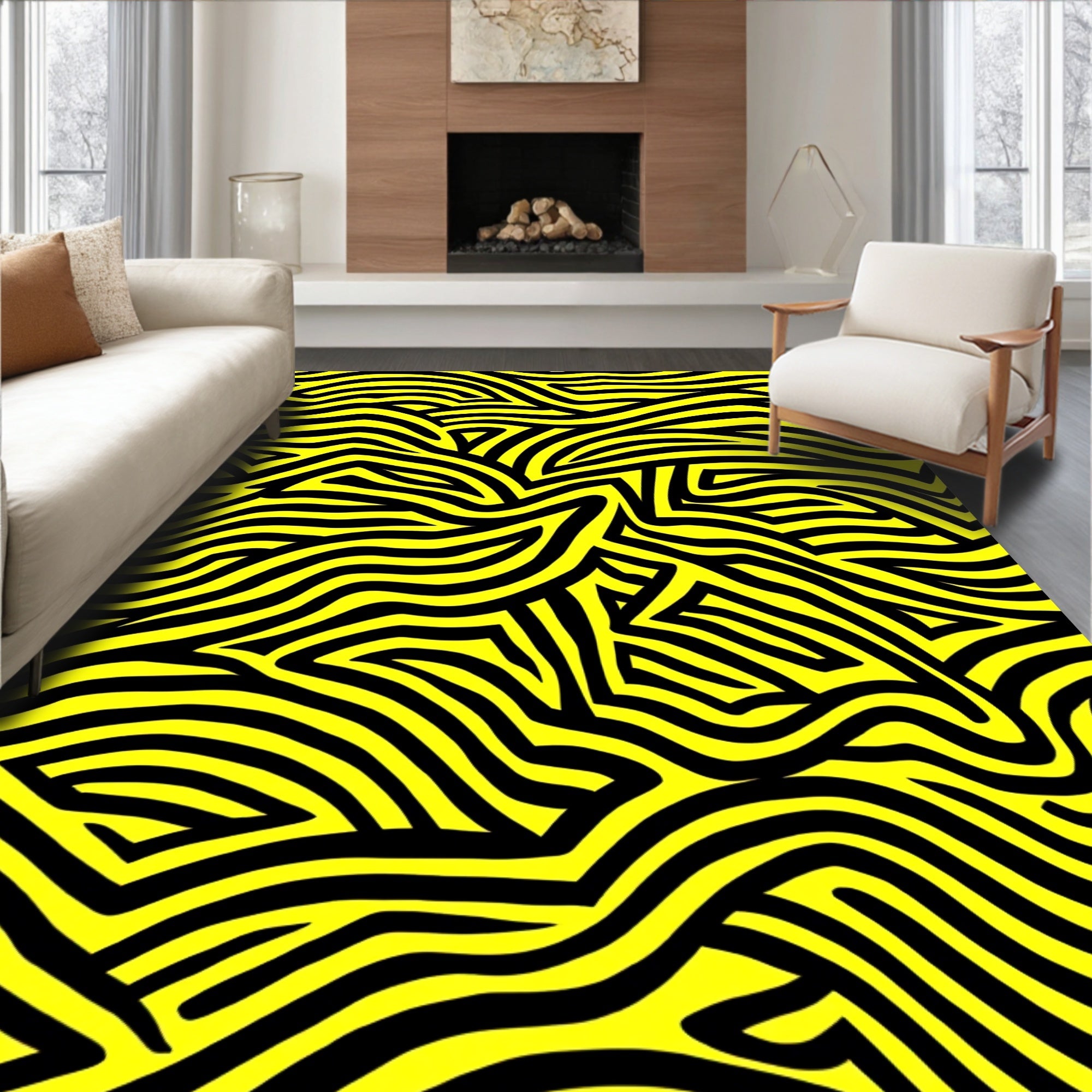 Bold Yellow Black Abstract Curve Rug