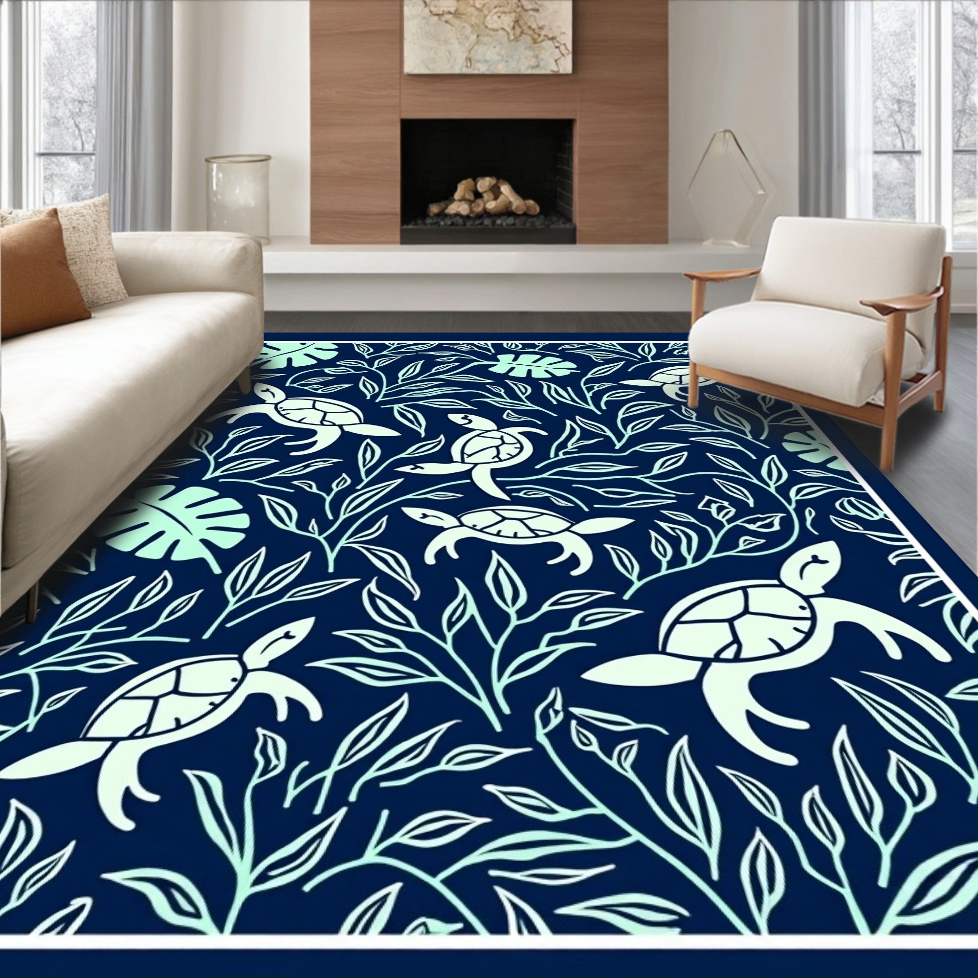 Coastal Turtles Leafy Vines Design Rug