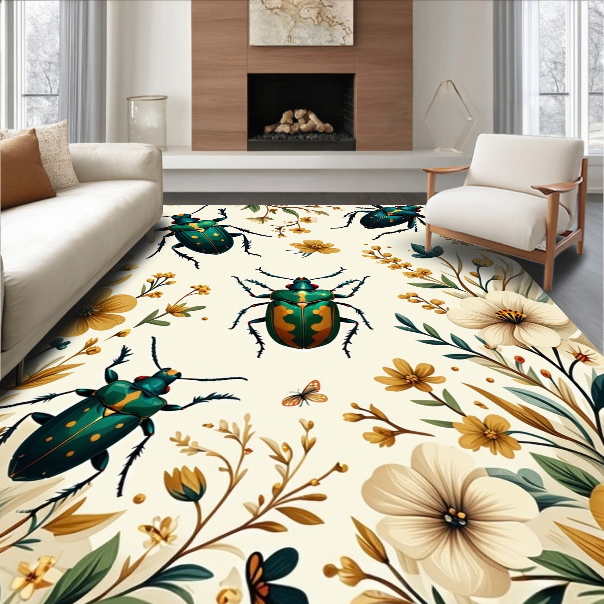 Whimsical Beetle Floral Pattern Design Rug