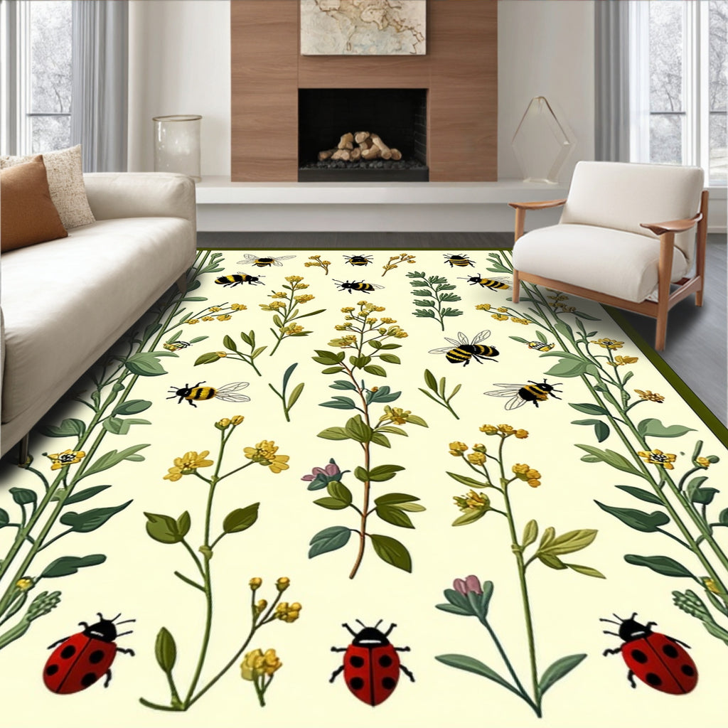 Whimsical Bees and Ladybugs Garden Print Rug
