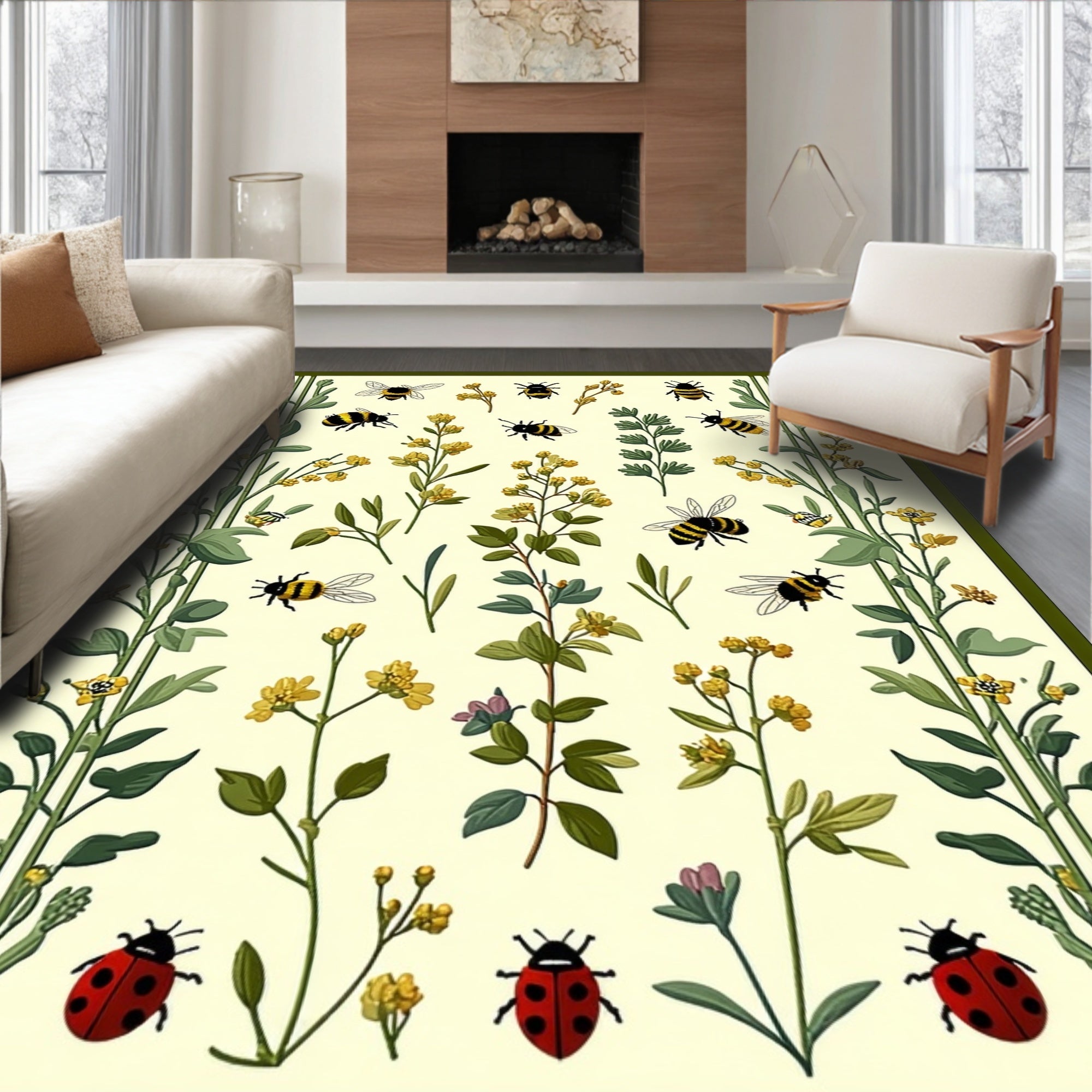 Whimsical Bees and Ladybugs Garden Print Rug
