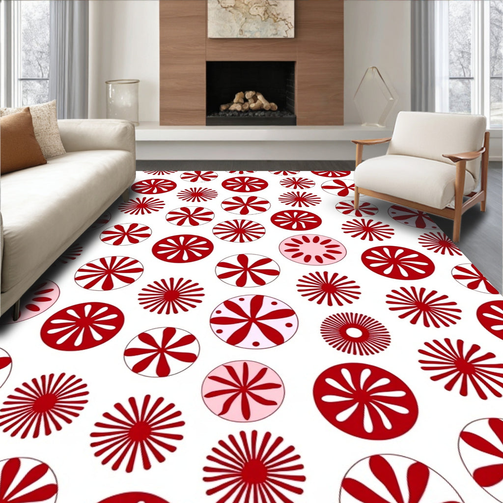 Red White Circular Bloom Rug