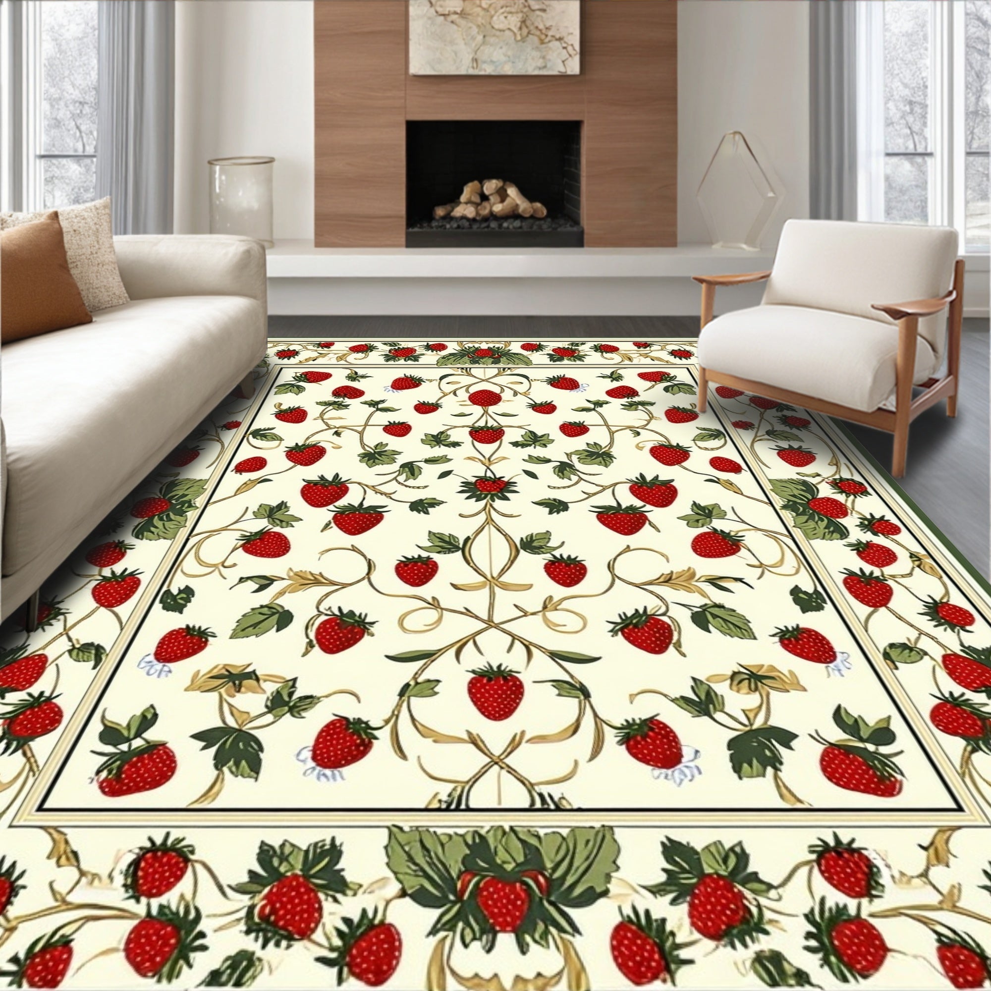 Strawberry Vine Floral Cream Rug