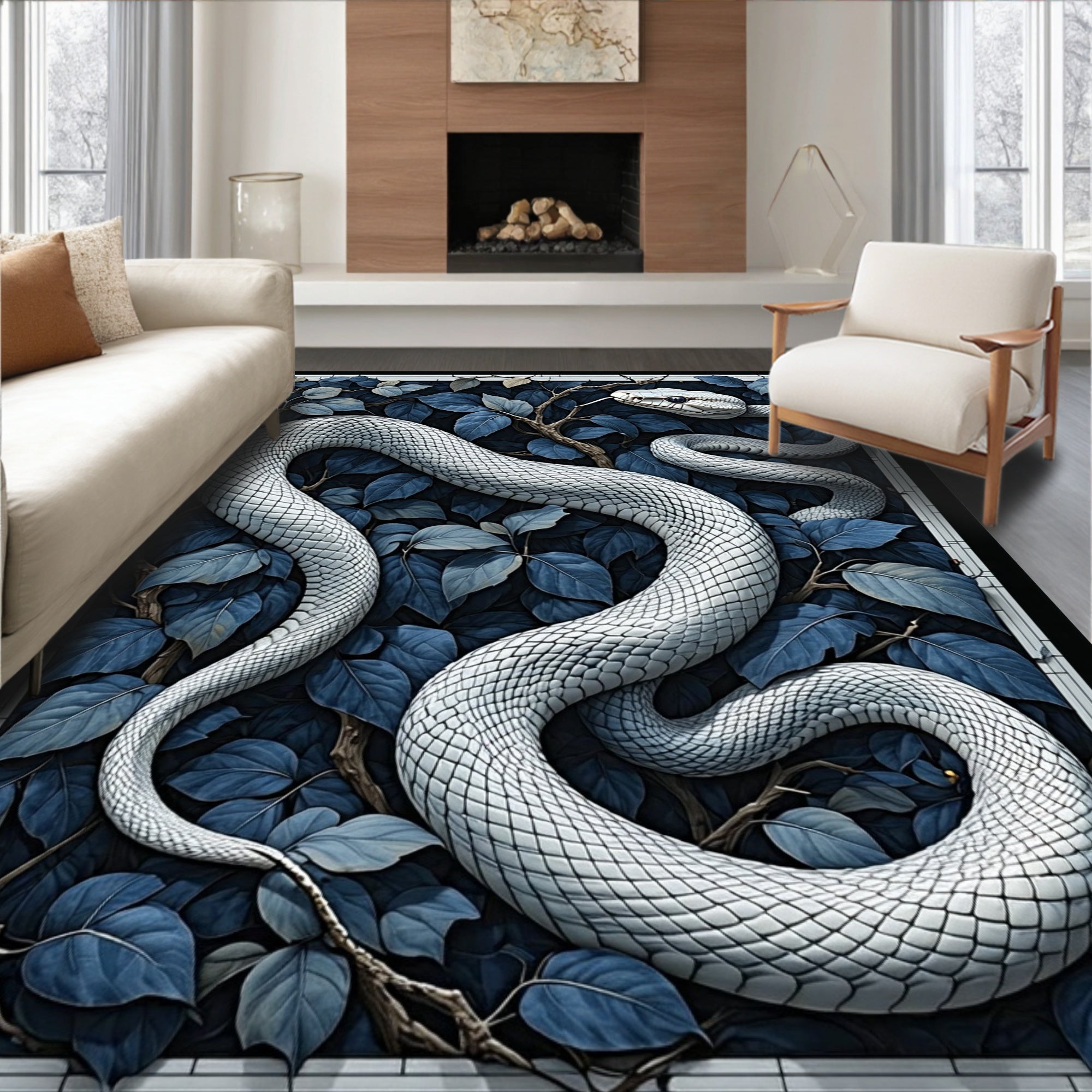 White Snake Navy Floral Pattern Rug