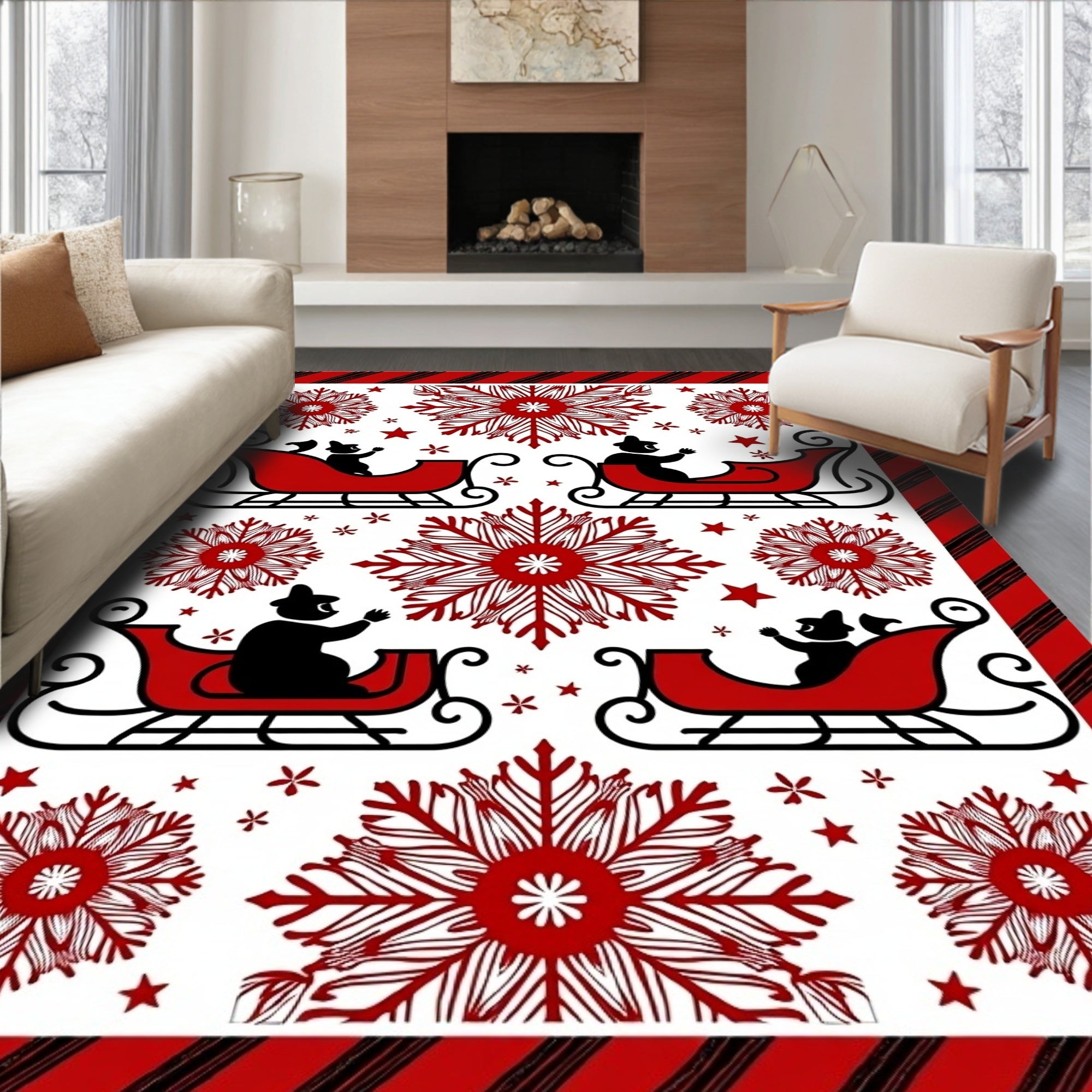 Red Sleigh Snowflakes Winter Border Rug