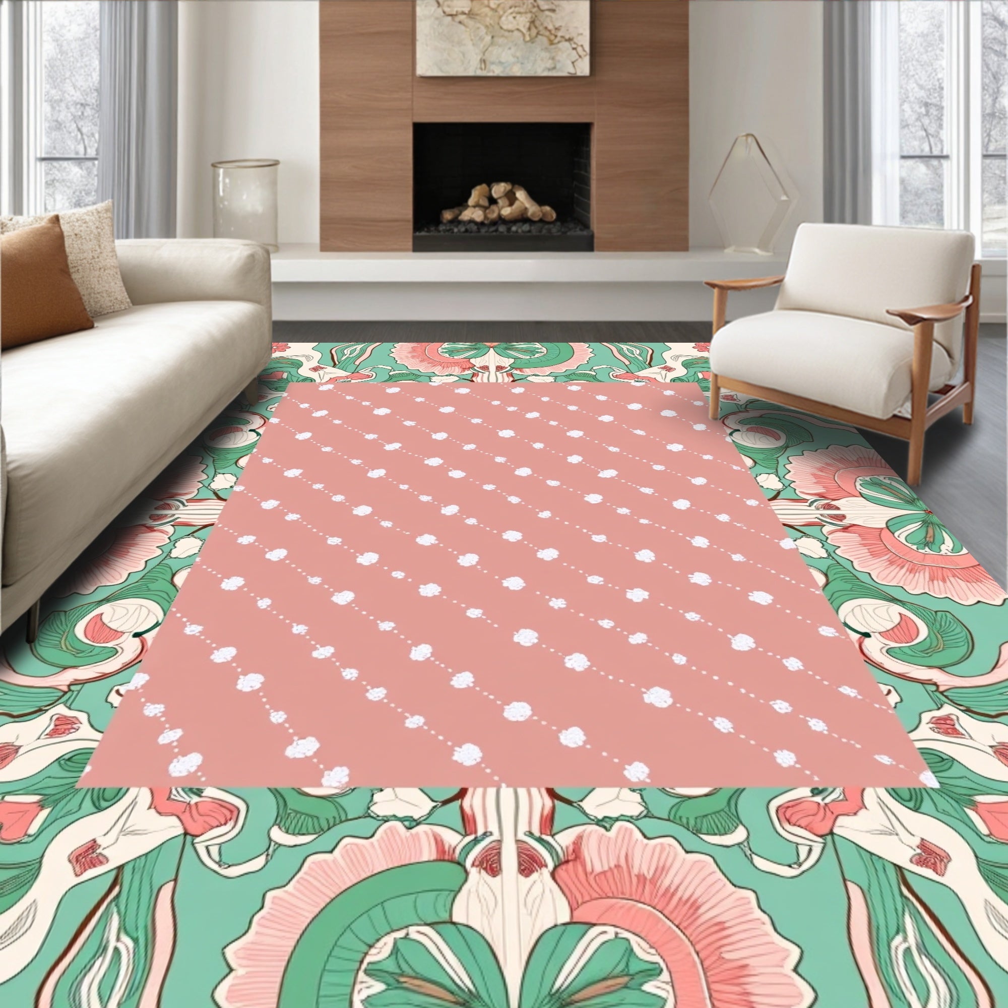 Coral Teal Floral Boho Pattern Rug