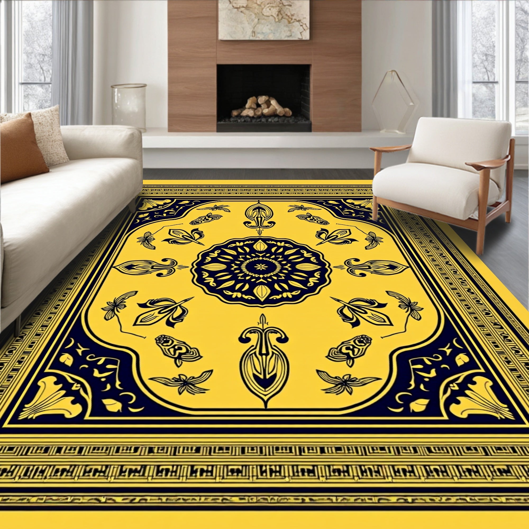 Intricate Yellow and Navy Floral Design Rug