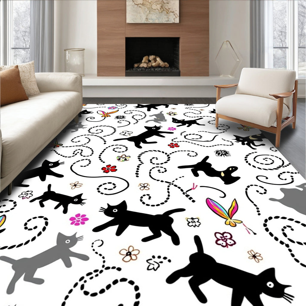 Whimsical Black Grey Cat Butterfly Pattern Rug