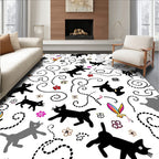 Whimsical Black Grey Cat Butterfly Pattern Rug