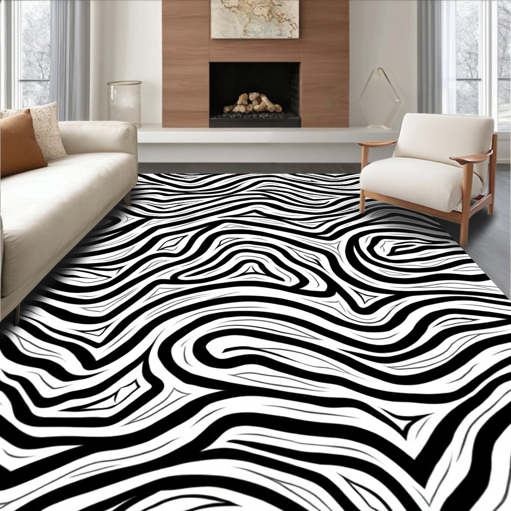 Bold Black White Wavy Lines Rug
