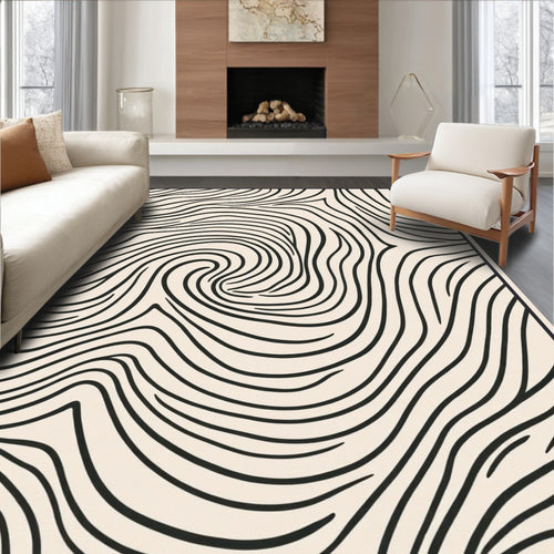 Abstract Black Line Swirl Pattern Rug