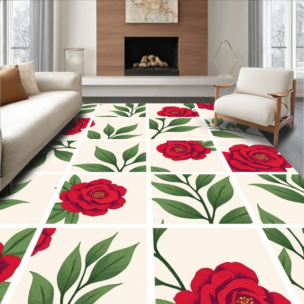 Red Rose Green Leaf Grid Design Rug