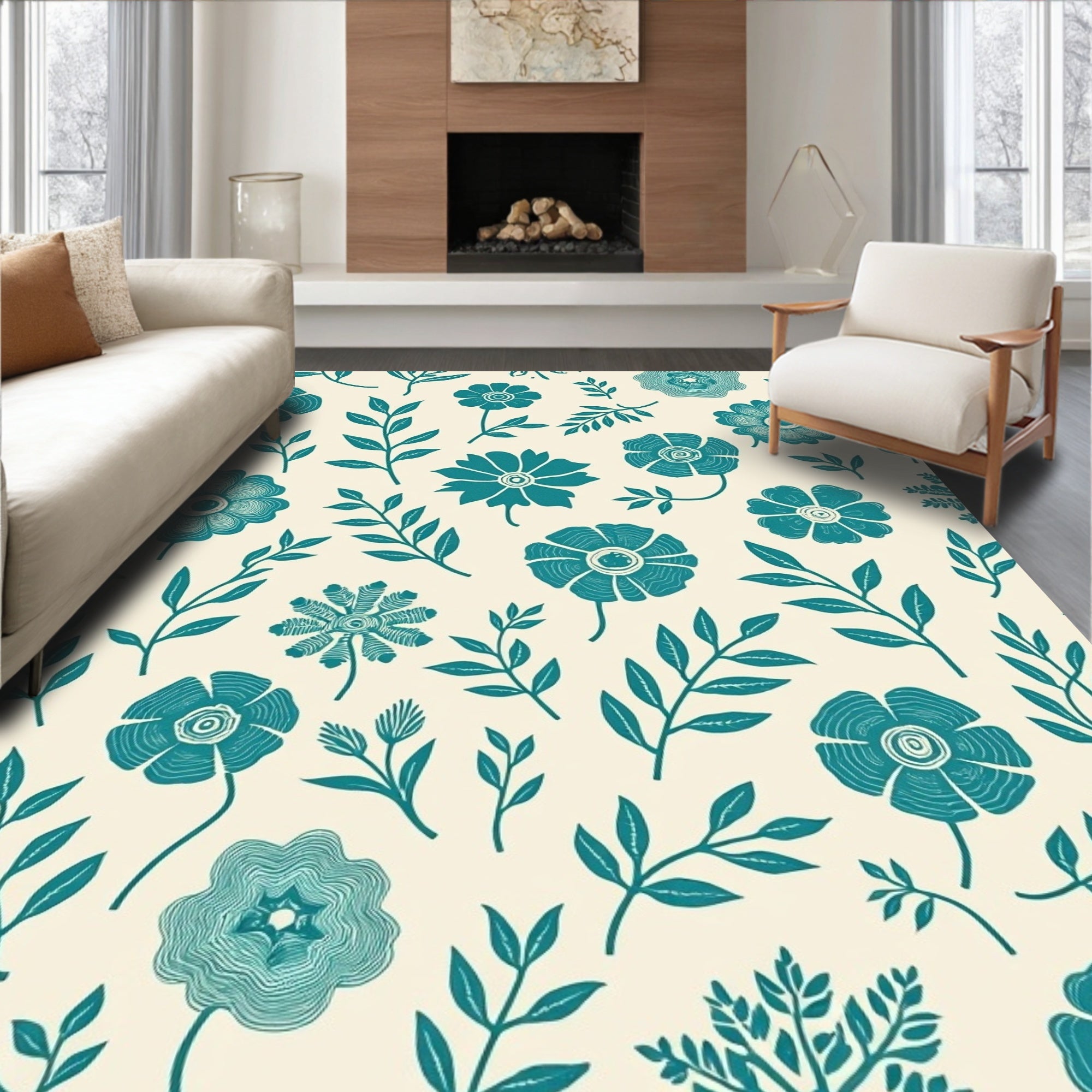 Teal Floral With Abstract Branch Pattern Rug