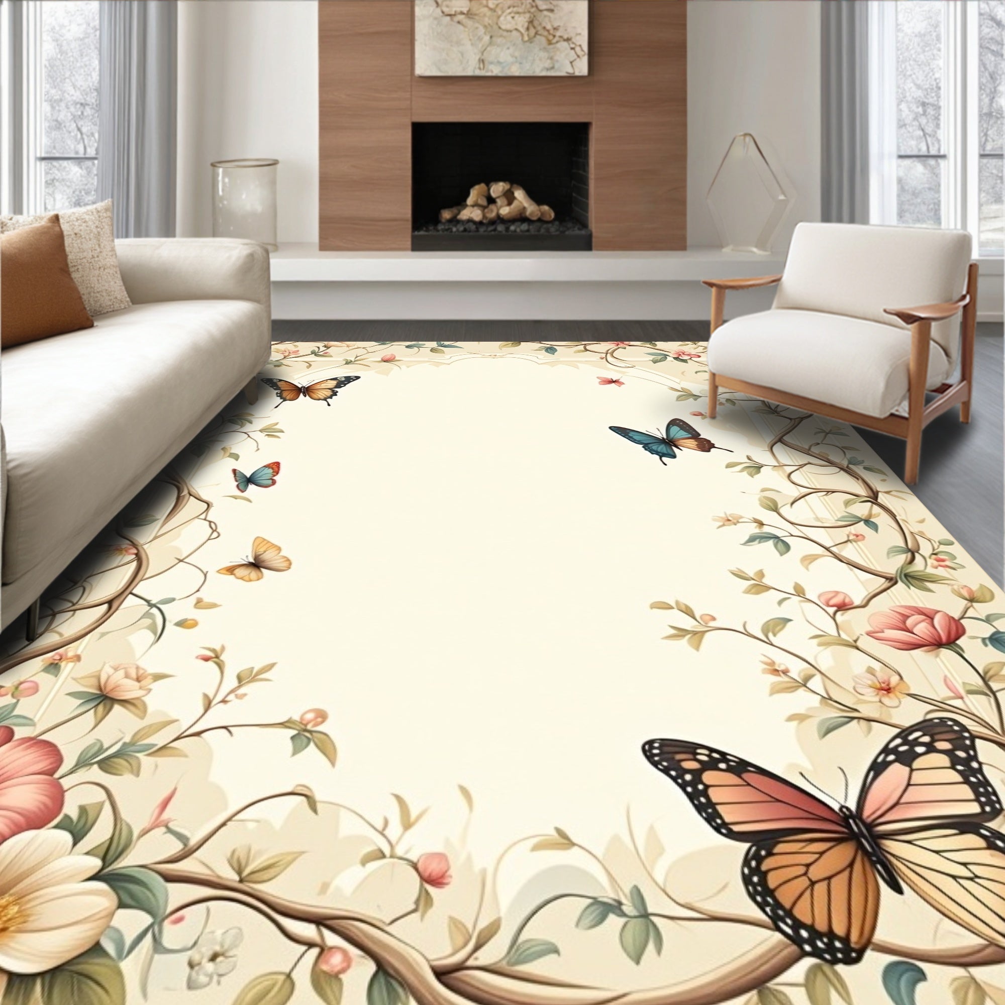 Floral And Butterfly Delicate Vines Rug
