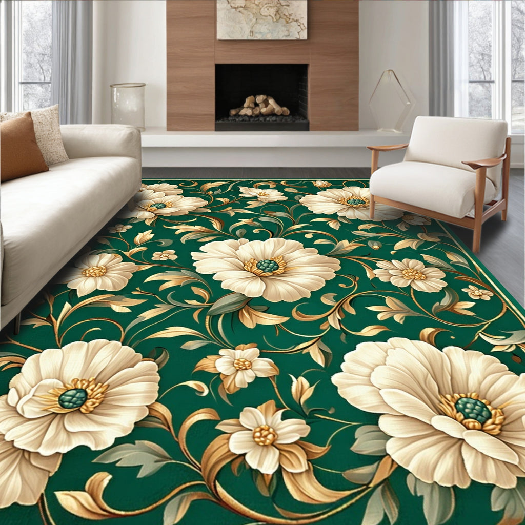 Elegant Emerald Floral Scroll Design Rug