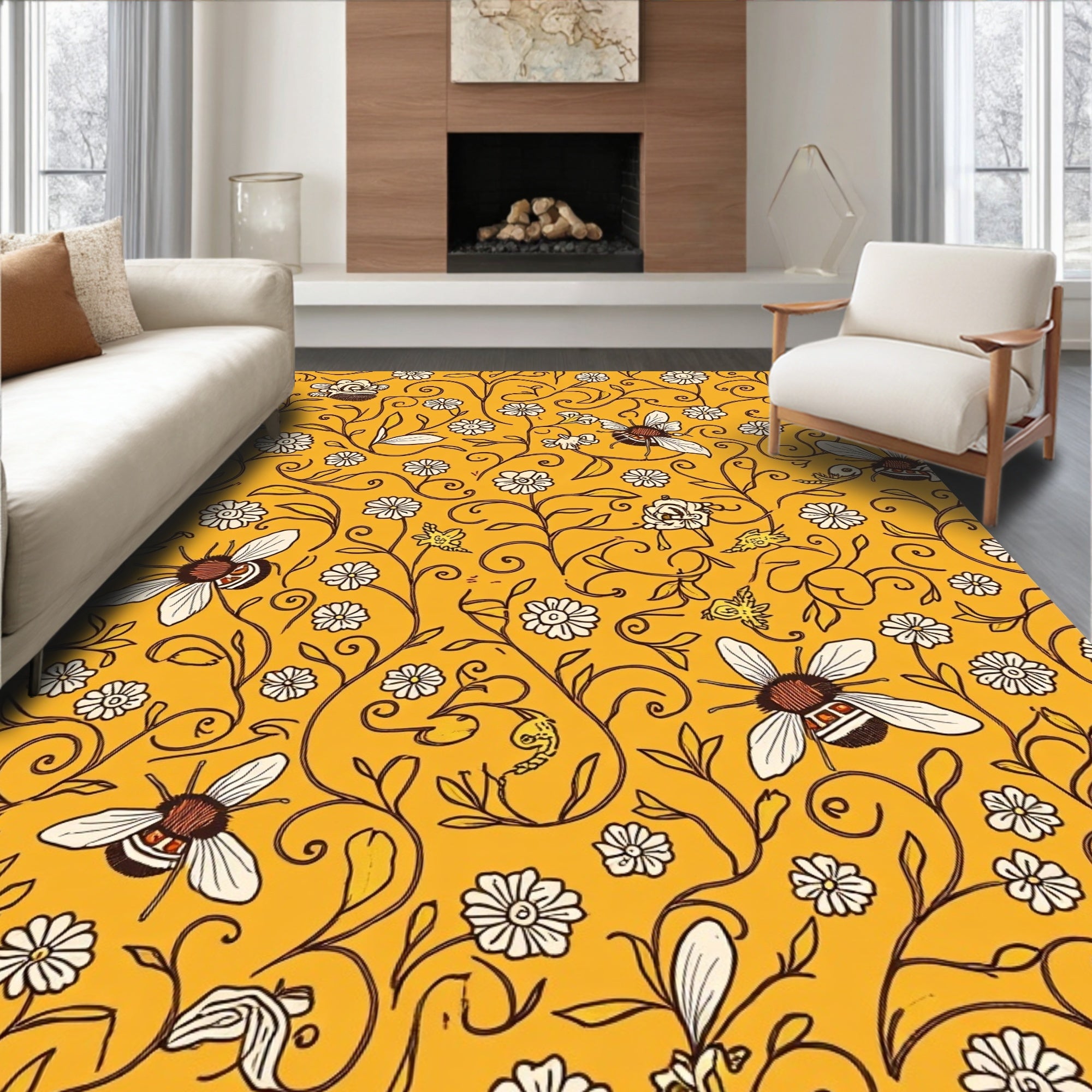Whimsical Bee Floral Swirl Pattern Rug