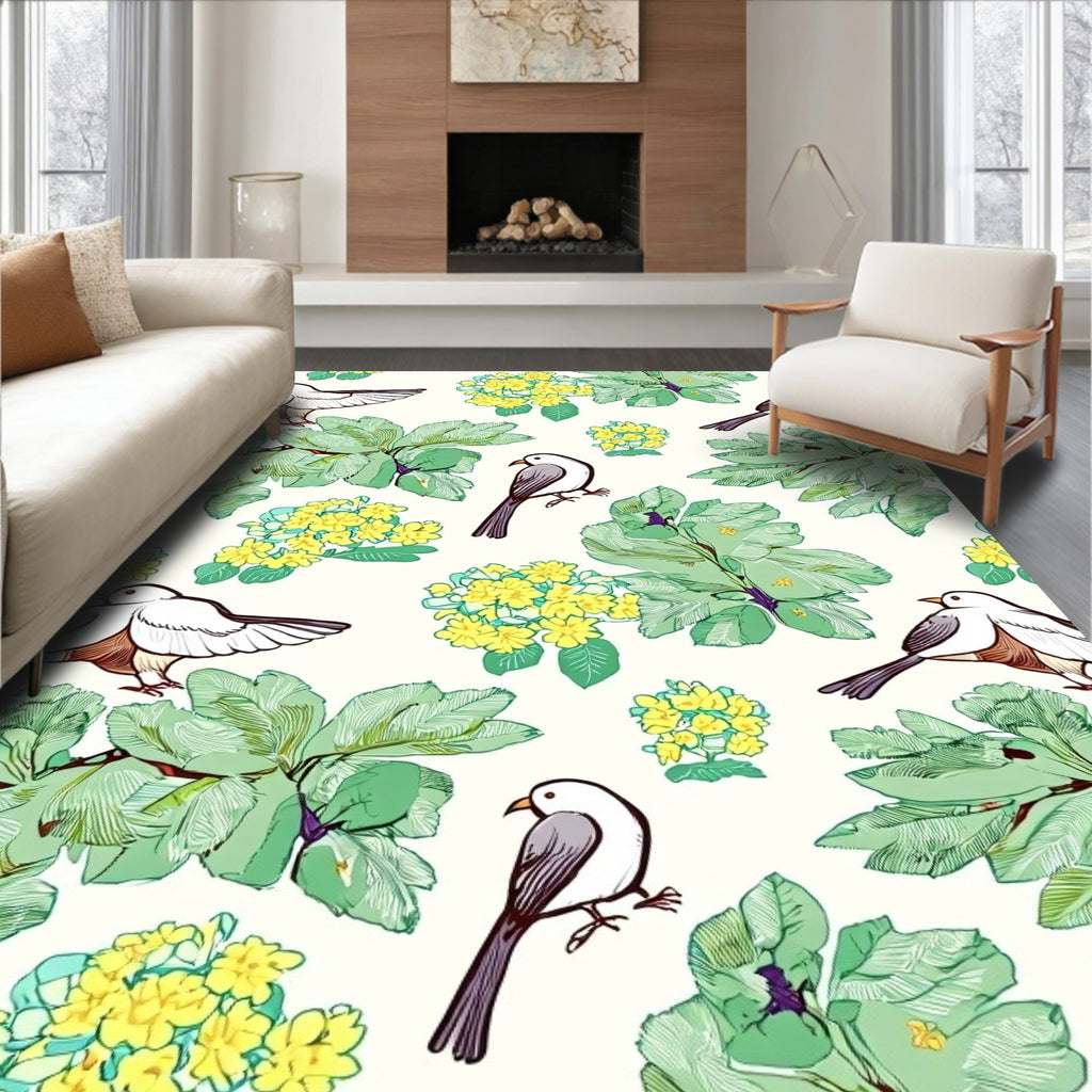 Whimsical Birds Spring Flowers Design Rug