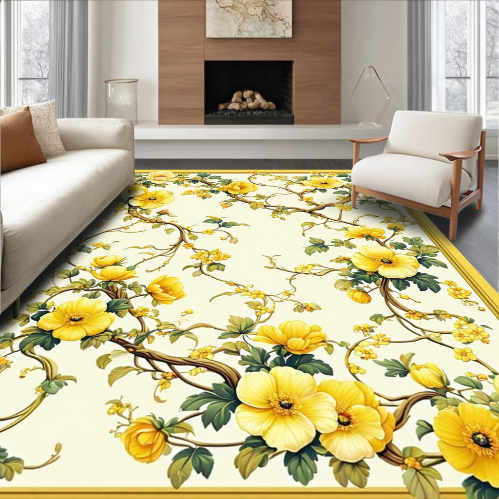 Yellow Floral Vine Botanical Pattern Rug