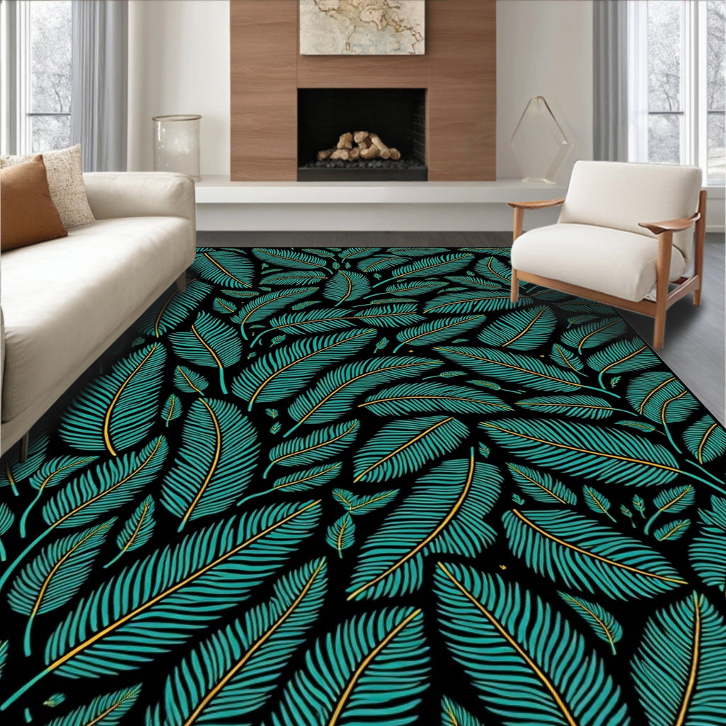 Teal And Gold Leaf Pattern Design Rug