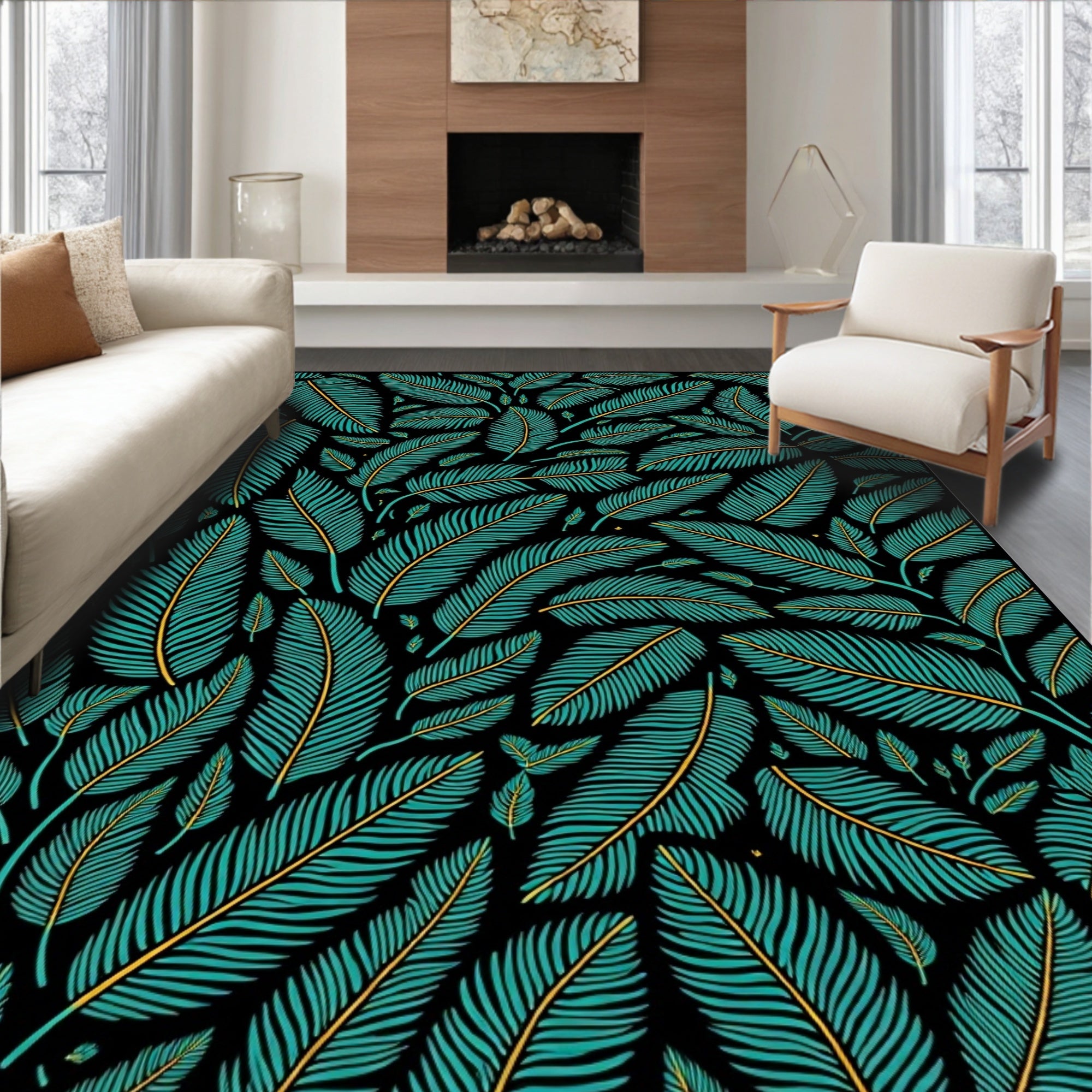 Teal And Gold Leaf Pattern Design Rug