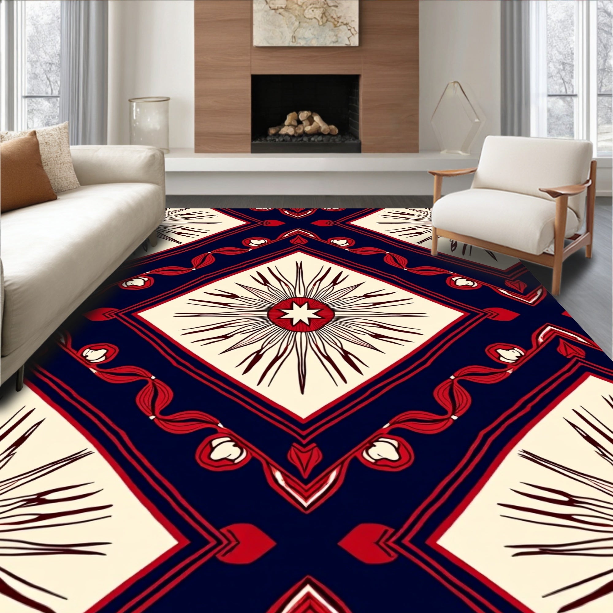 Bold Red Sunburst Geometric Rug