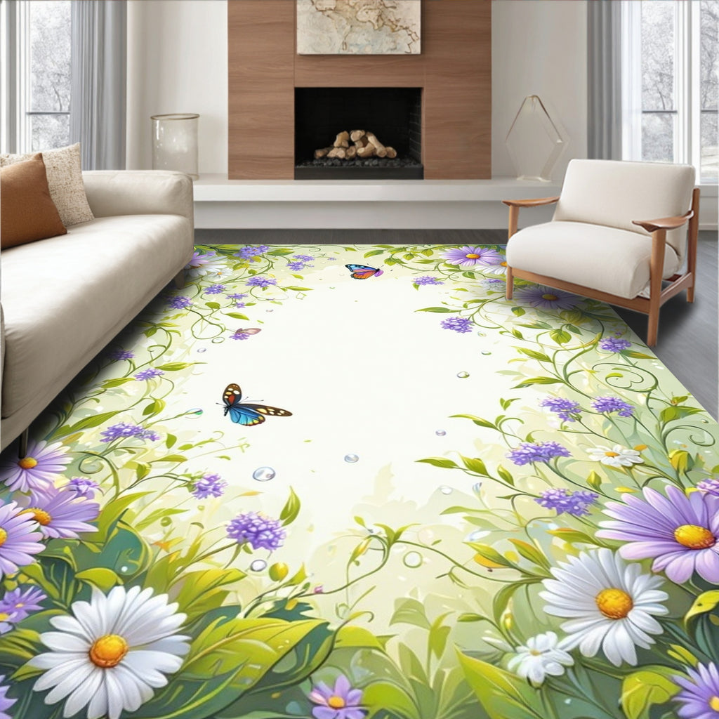 Whimsical Floral Butterfly Garden Design Rug