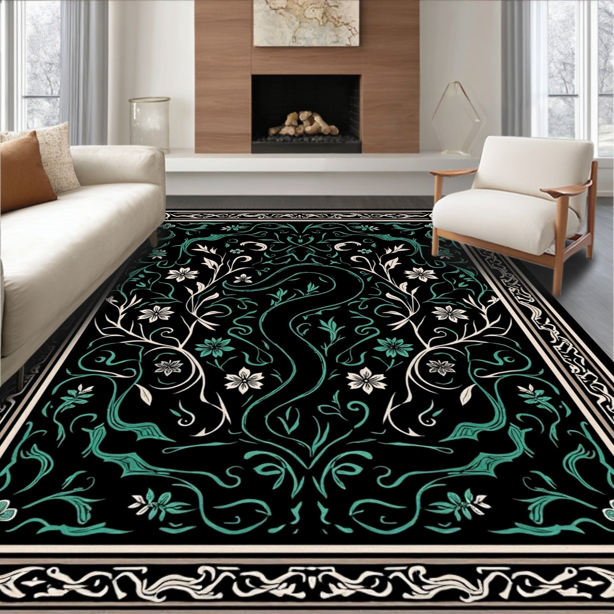 Dark Floral Vine Scroll Rug