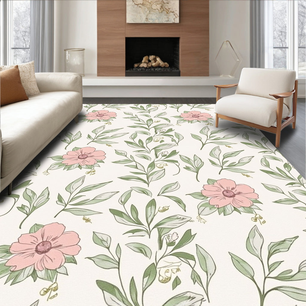 Delicate Pink Floral Leaf Pattern Rug
