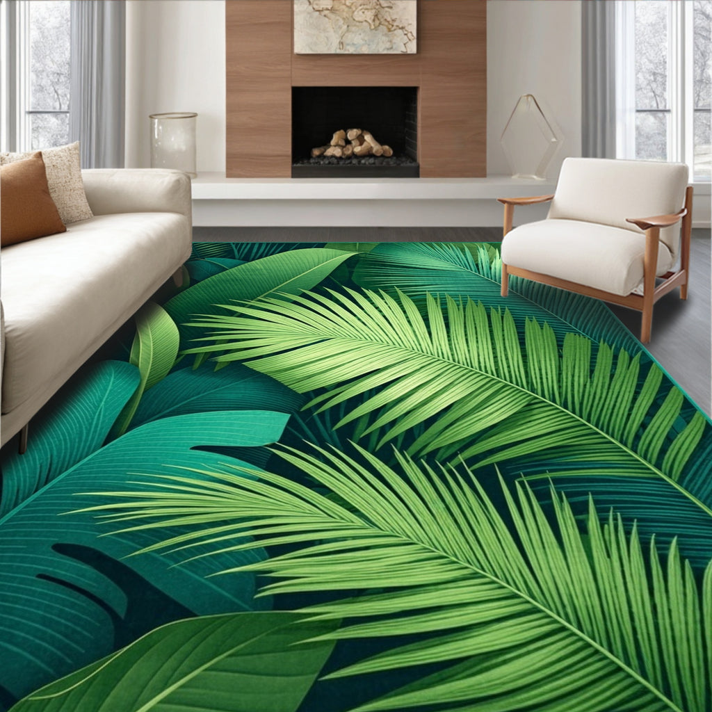 Lush Green Tropical Leaf Pattern Rug