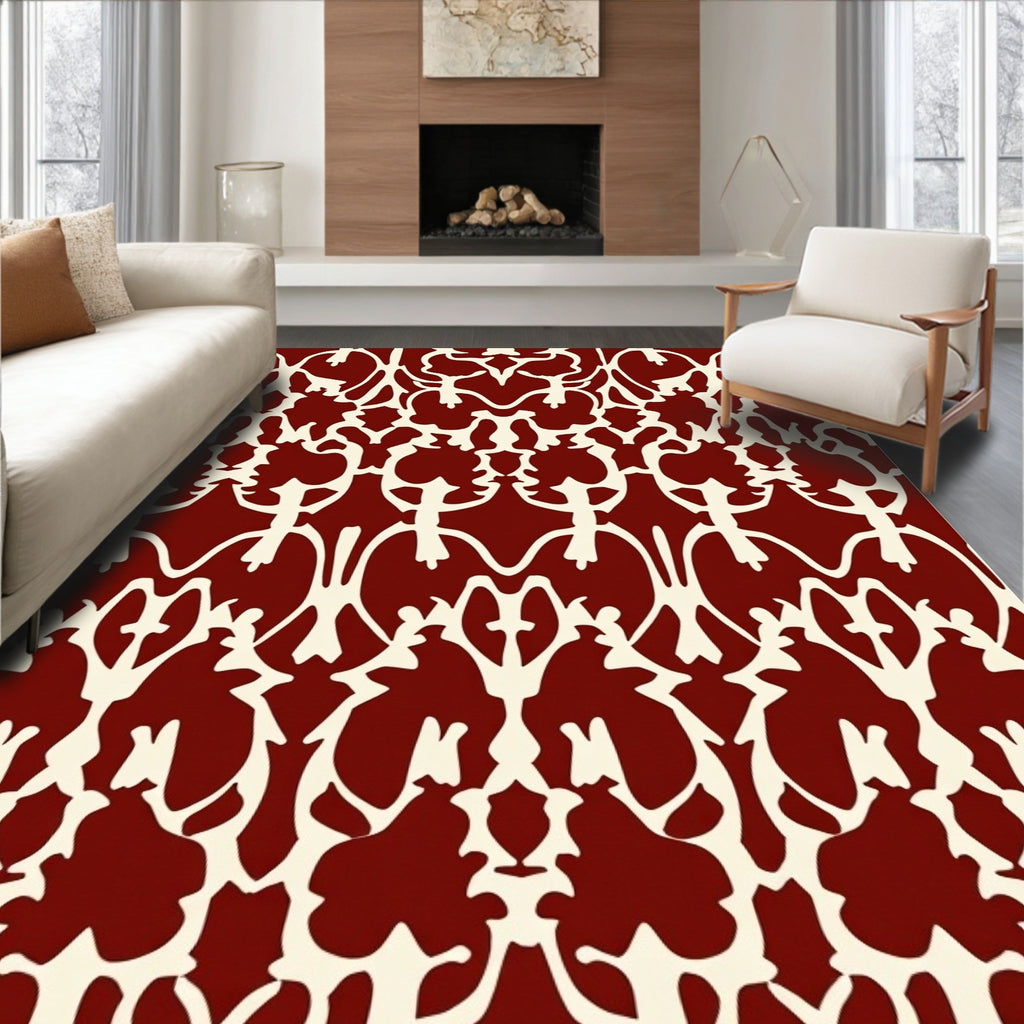 Elegant Red And Cream Damask Pattern Rug