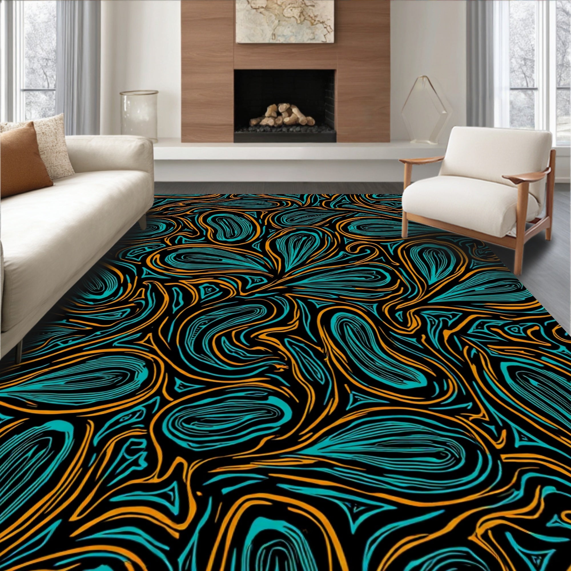 Abstract Teal Orange Swirls Pattern Rug