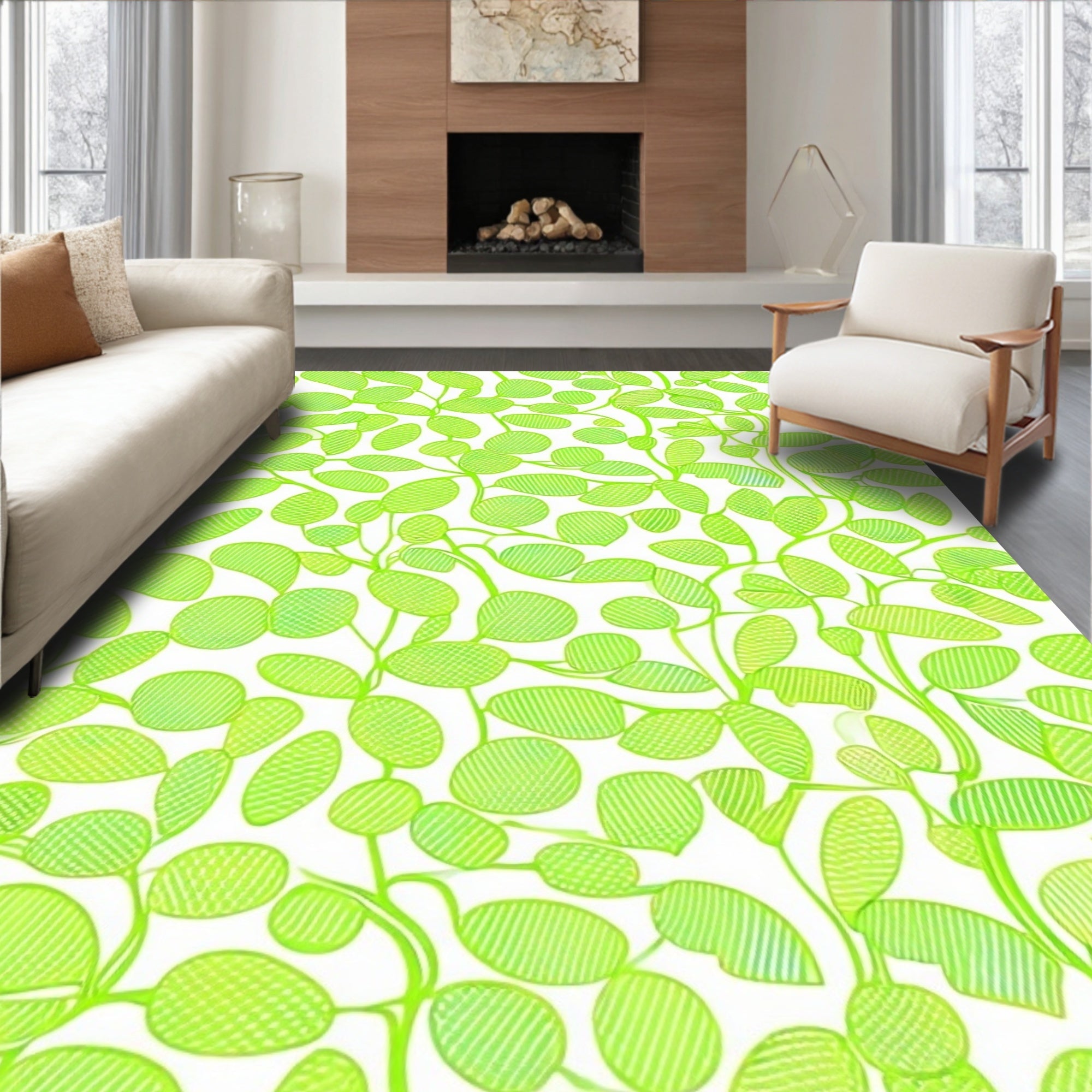 Vibrant Green Leafy Vines Pattern Rug