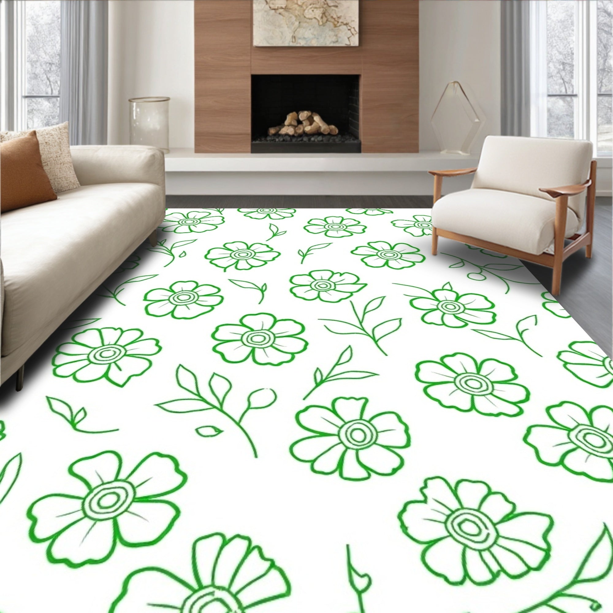 Green Outline Floral Botanical Pattern Rug
