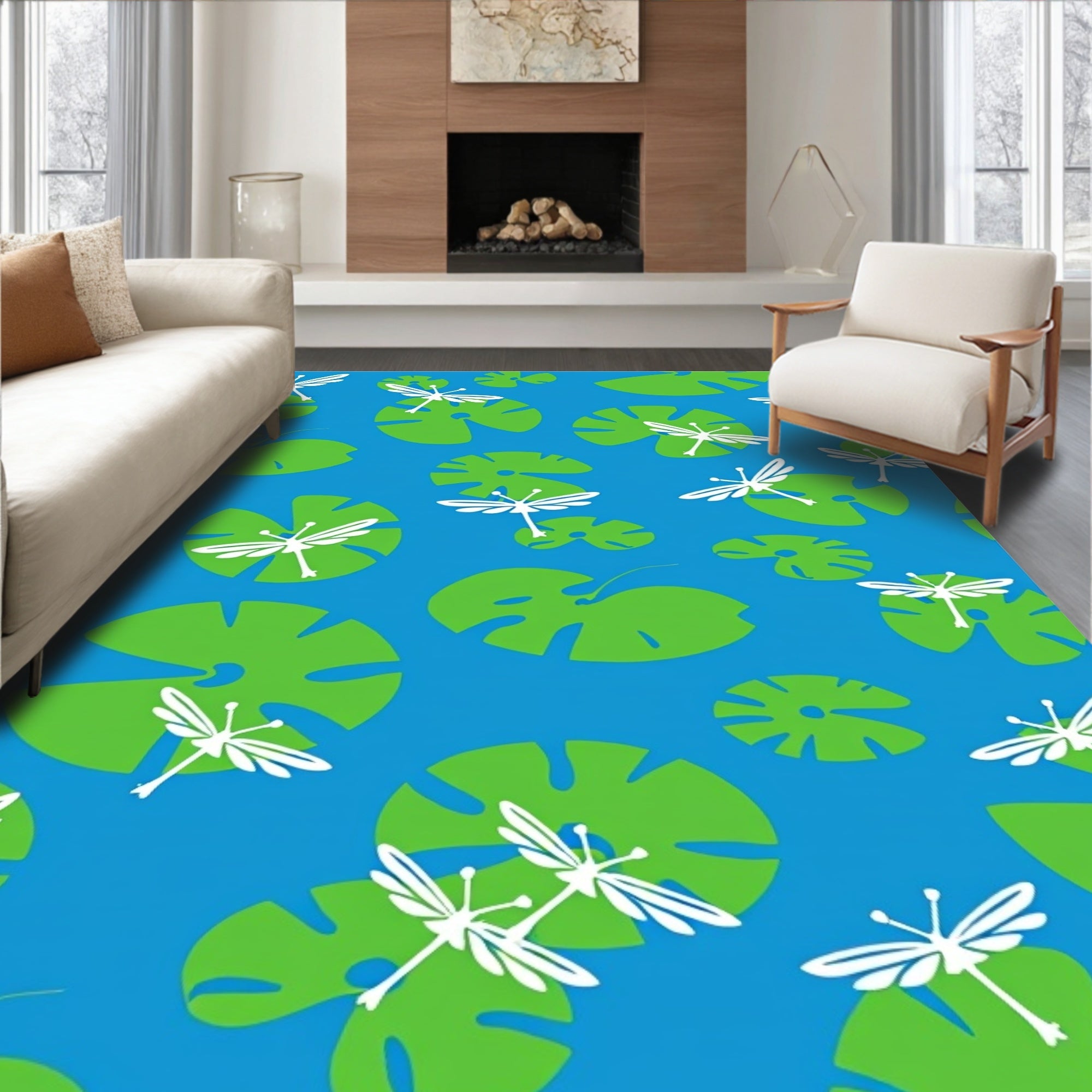 Blue Frog Pond Dragonfly Nature Design Rug