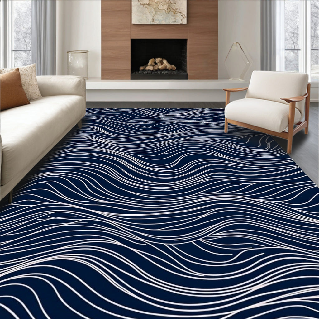 Dark Blue White Wavy Line Pattern Rug