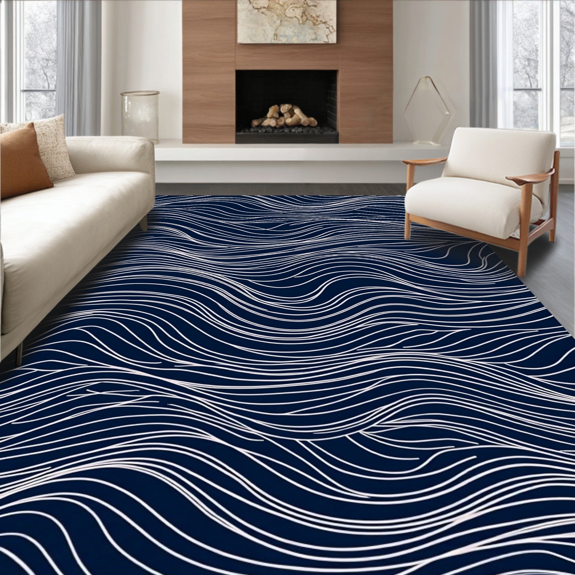 Dark Blue White Wavy Line Pattern Rug