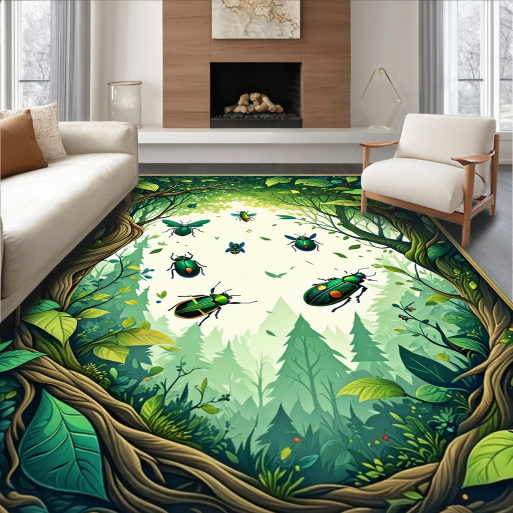 Vibrant Green Insect Forest Woodland Rug