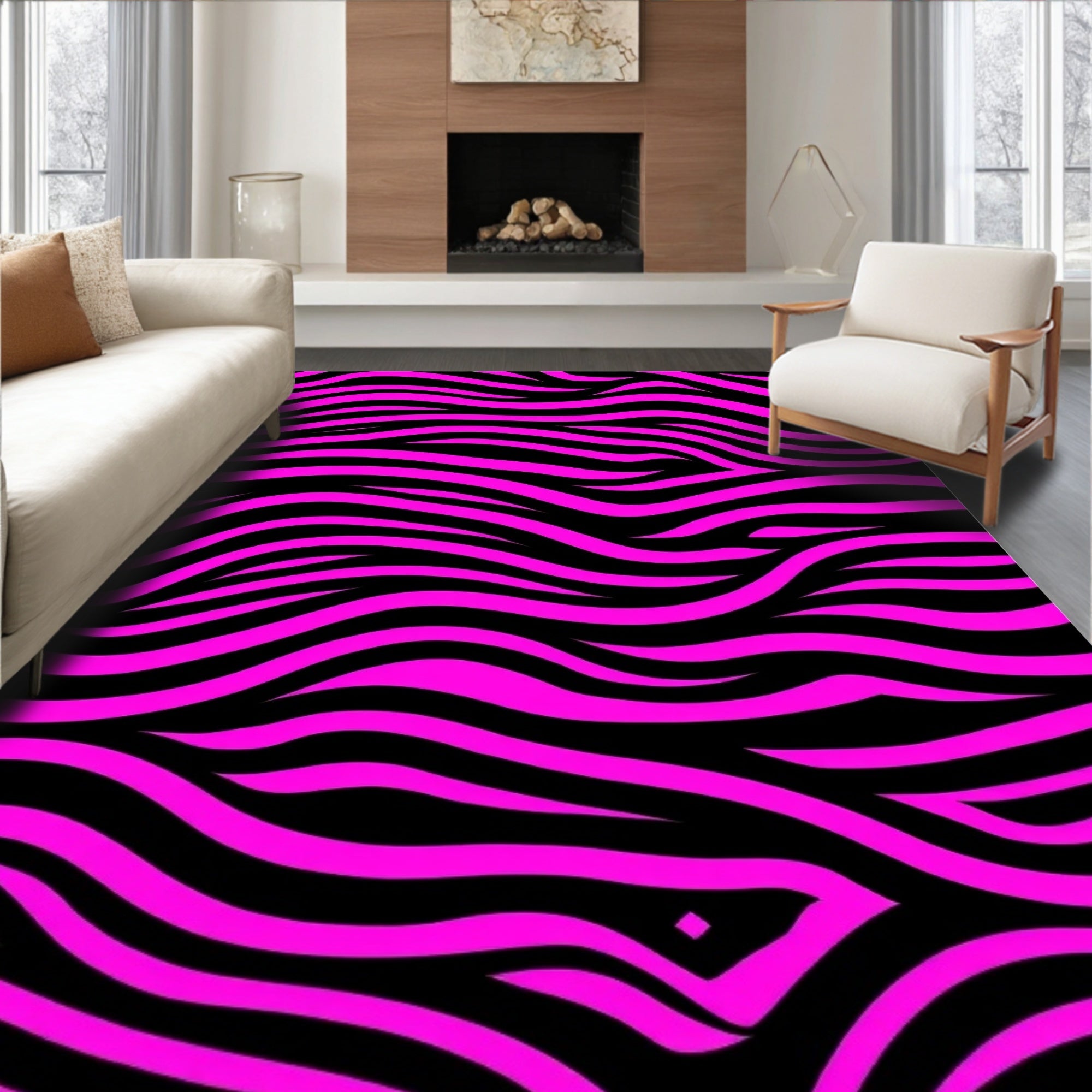 Bold Pink Black Zebra Stripe Rug