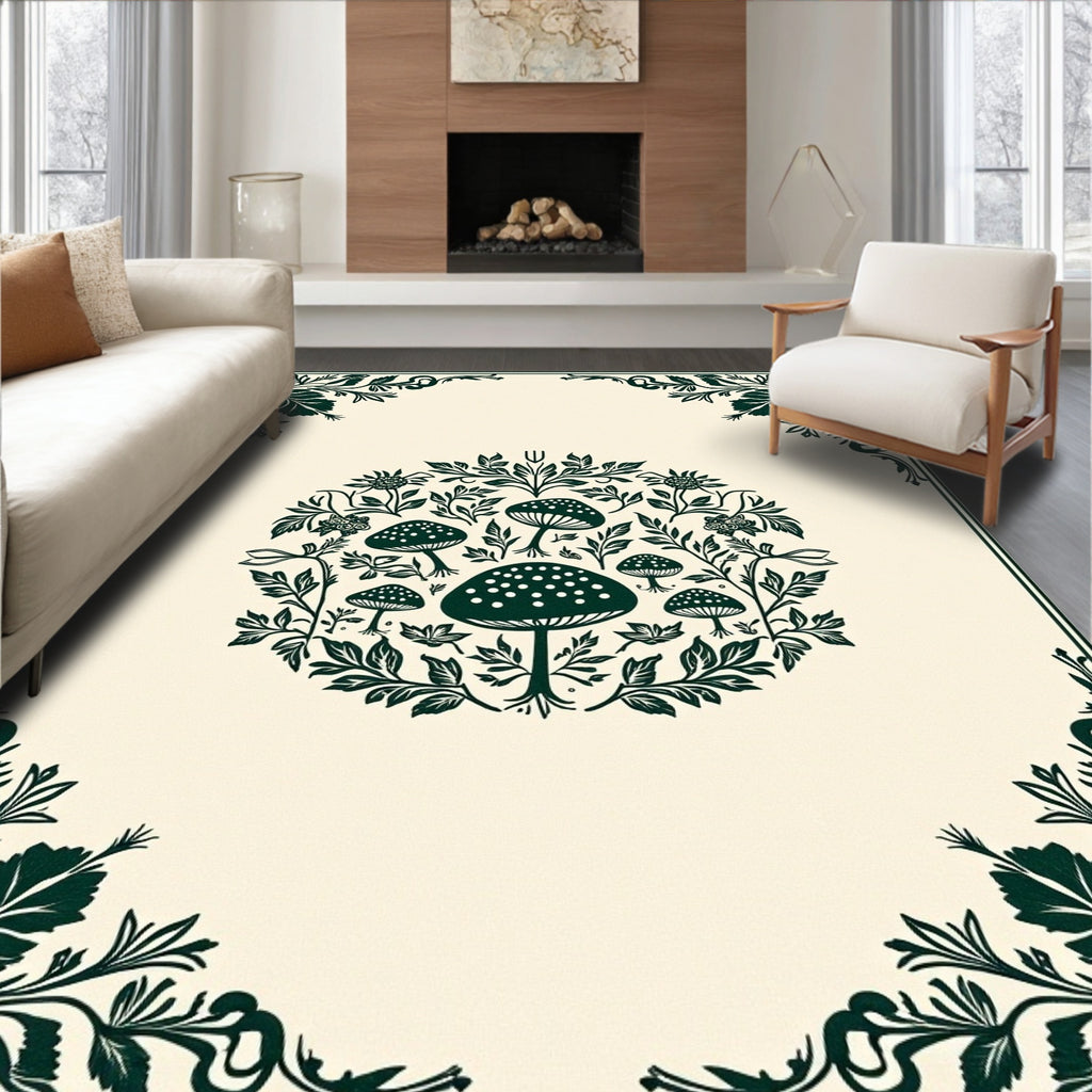 Dark Green Mushroom Floral Mandala Pattern Rug
