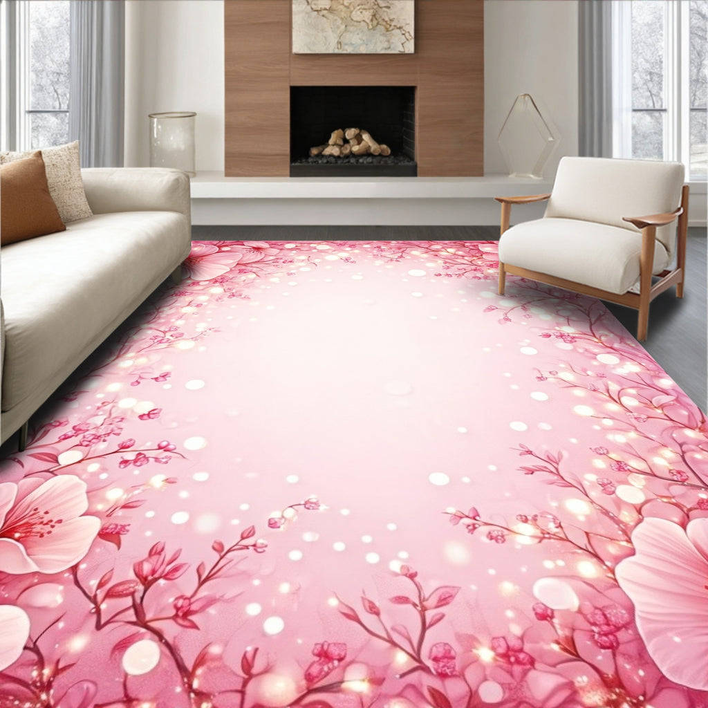 Whimsical Pink Floral Bokeh Pattern Rug