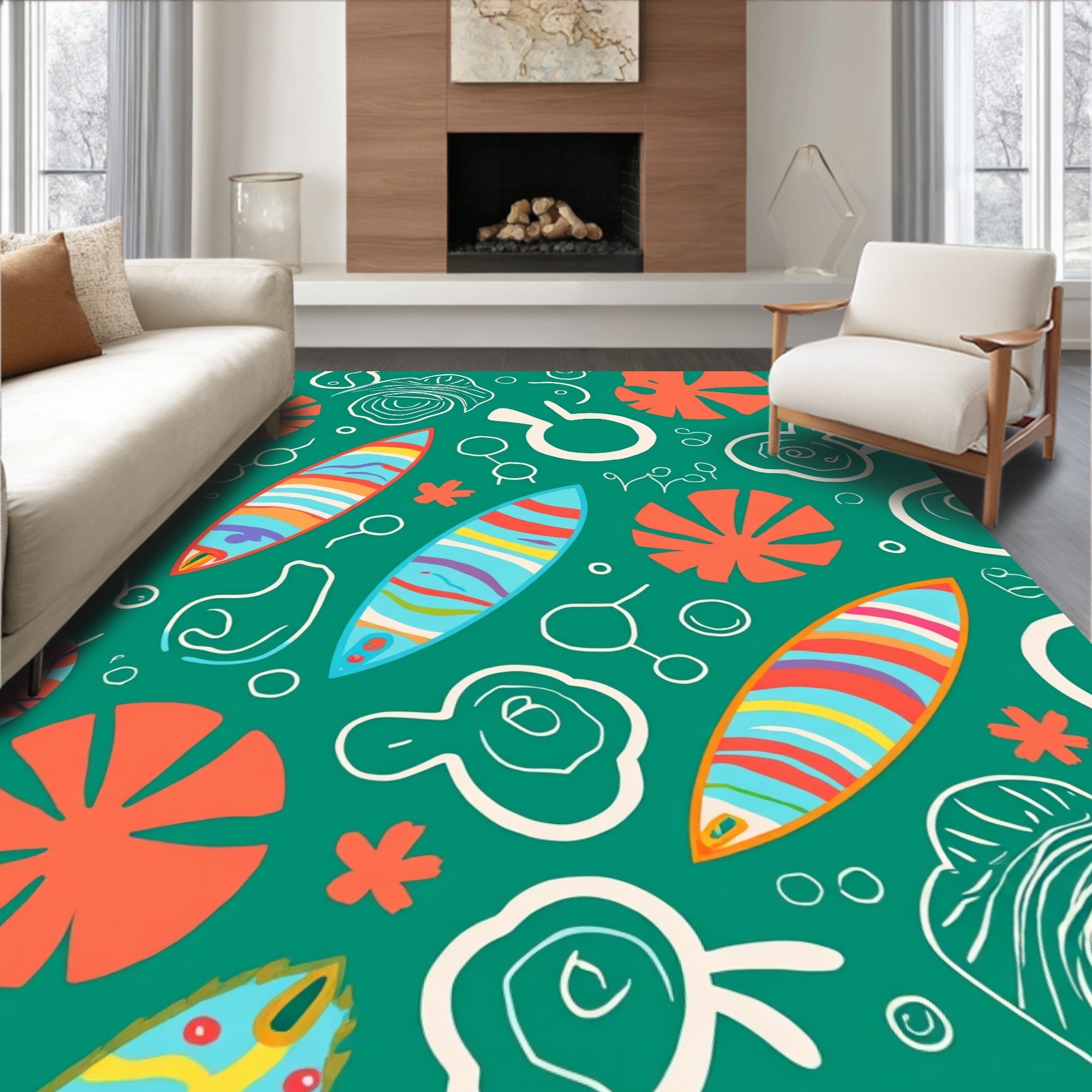 Retro Surfboard Floral Pattern Rug