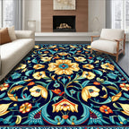 Ornate Floral Scrollwork In Navy Rug