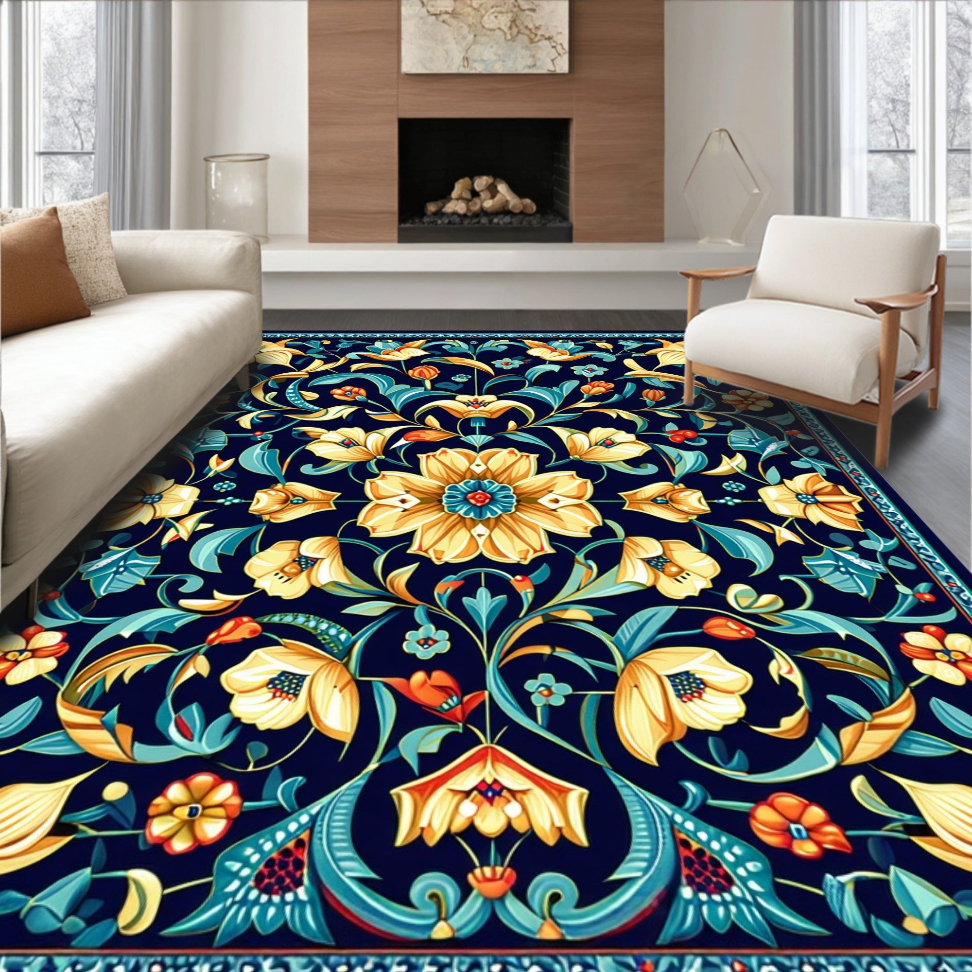 Ornate Floral Scrollwork In Navy Rug