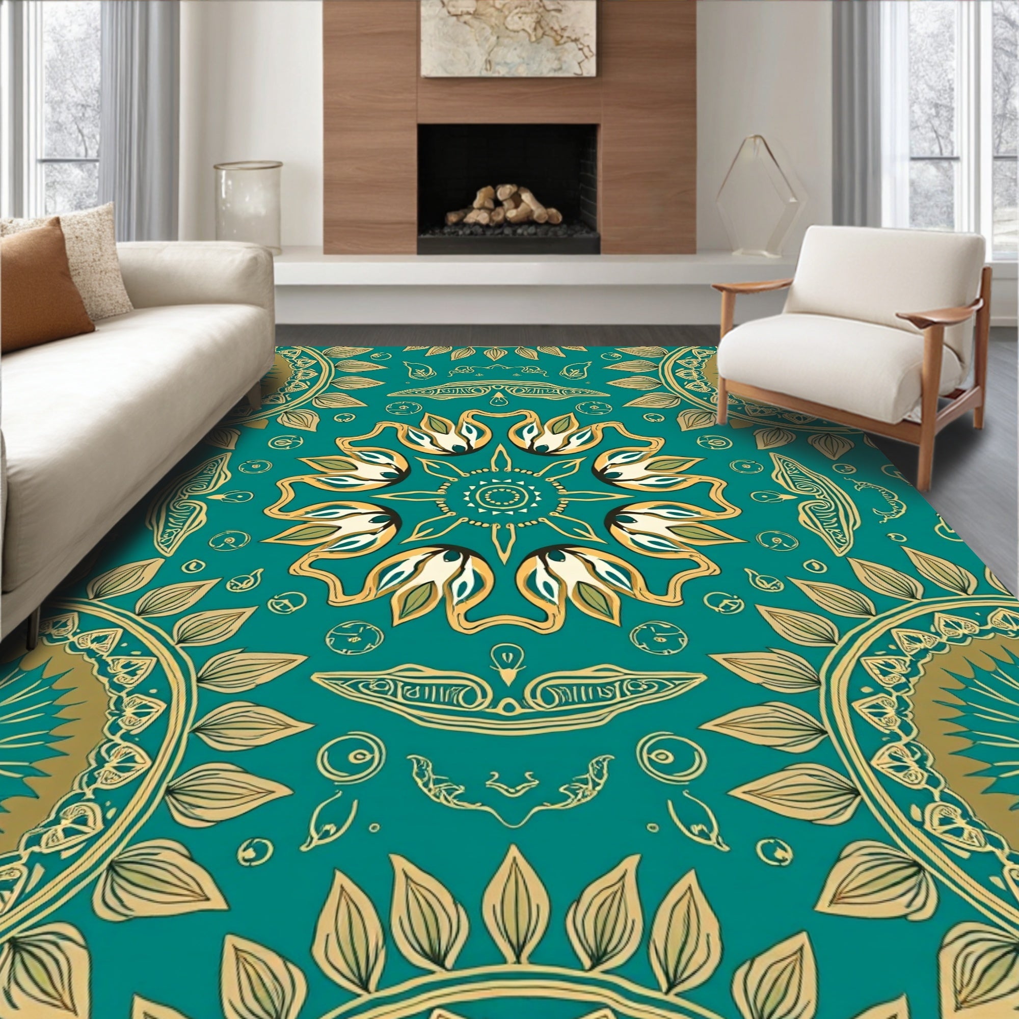 Mandala Floral Patterned Teal Rug